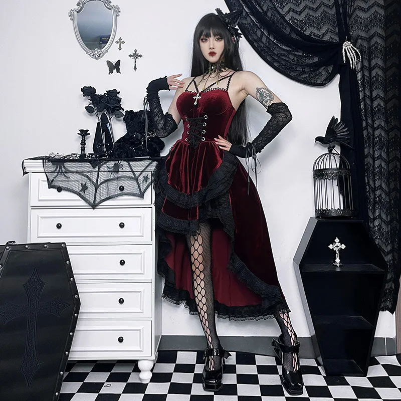 High Low Cut Swallow Tail Lace Bodice Dress Strap Y2K Corset Bustier Women Sexy Dark Gothic Costume Sling Strap Sleeveless Dress - Image 11