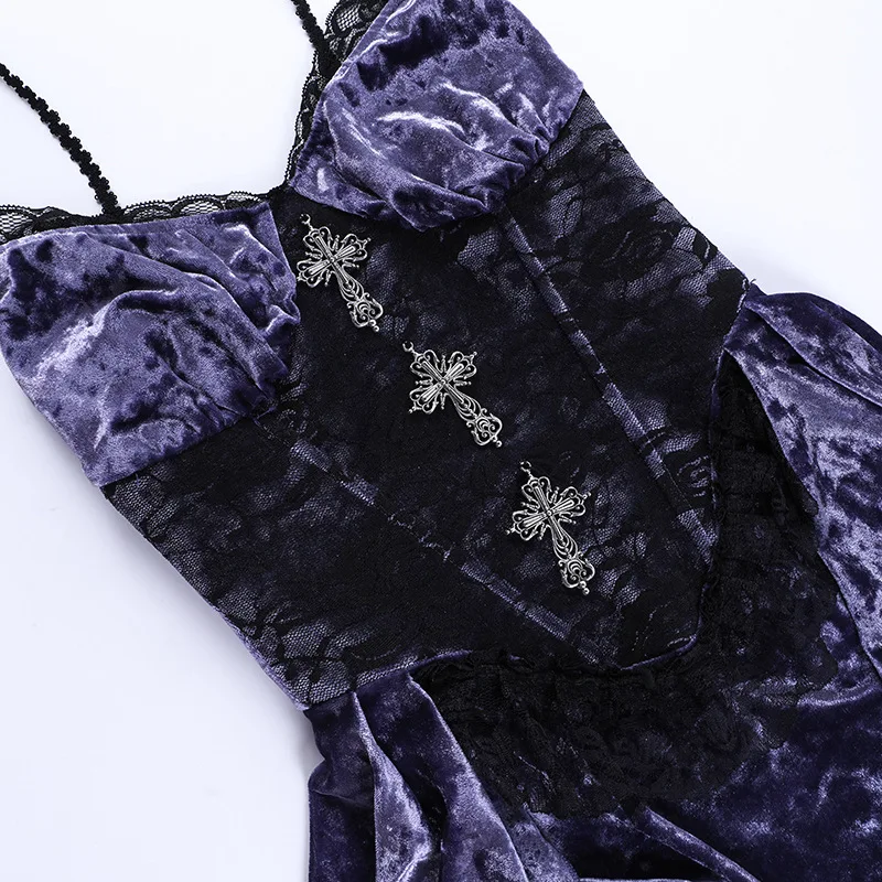 Gothic Velvet A-line Dress Female Elegant Evening Lolita Partywear Grunge Sling Lace Hem Alt Cloth - Image 19