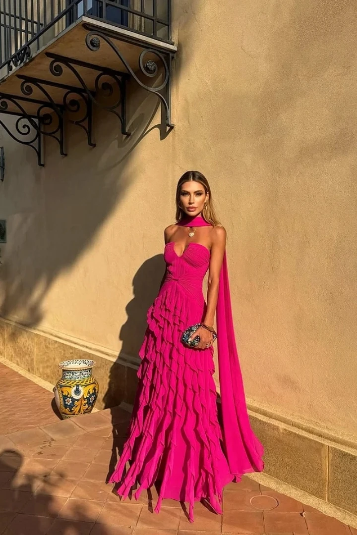 Long Train Evening Gown Sweetheart Multi Layer Ruffle Chiffon Maxi Dress Sexy Backless Flowing Ribbon Prom Dress - Image 16