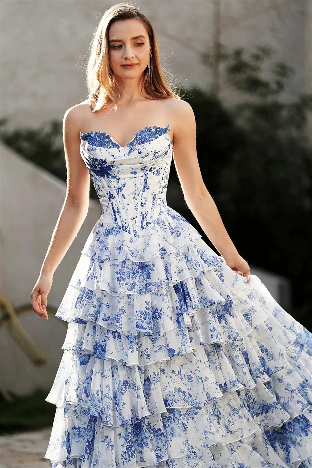 Blue Floral Print Long Women's Dress Sweetheart Tiered Ruffles Corset Skirt Euro Style Summer Floor-Length Sleeveless A-Line - Image 5