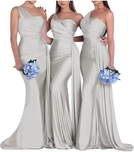 One Shoulder Mermaid Bridesmaid Dresses Corset Back Formal Evening - Image 3
