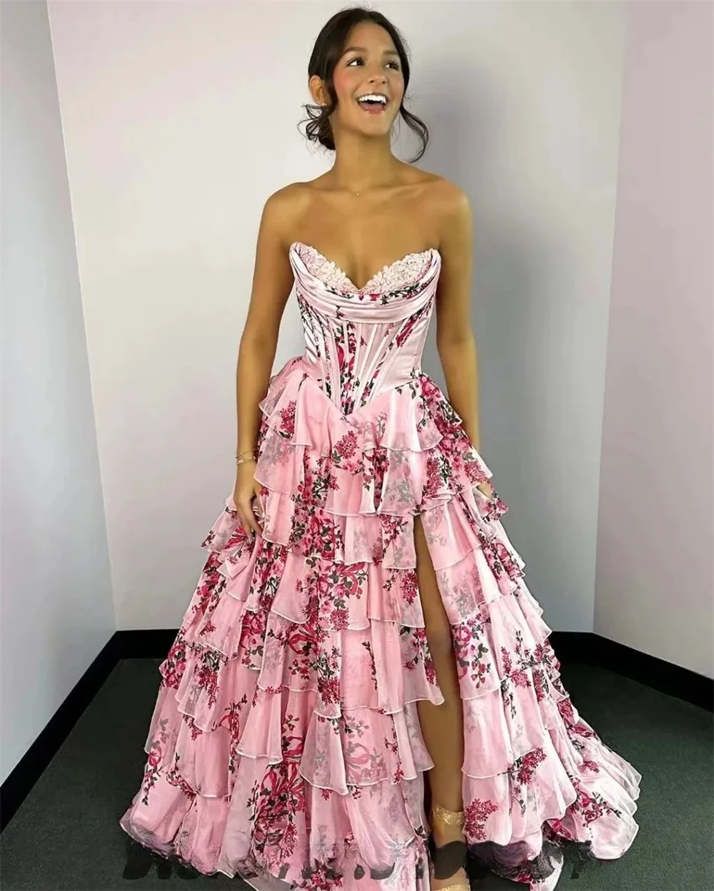 Blue Floral Print Long Women's Dress Sweetheart Tiered Ruffles Corset Skirt Euro Style Summer Floor-Length Sleeveless A-Line - Image 6