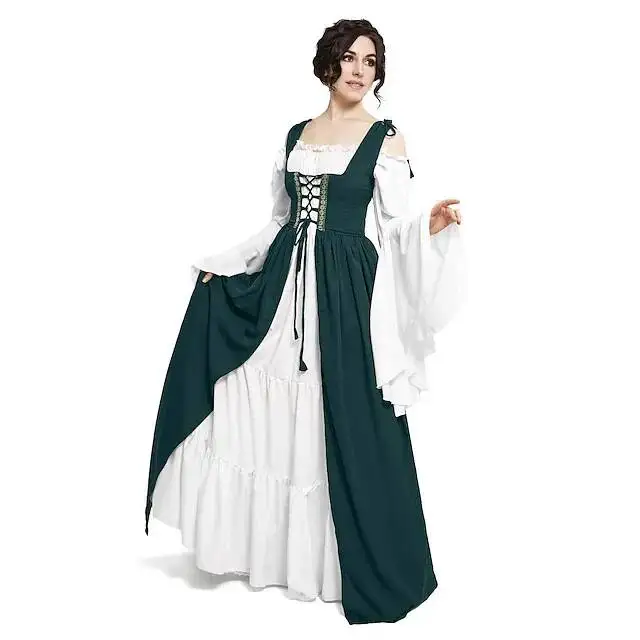 Medieval Court Style Long Sleeve Corset Dress with Off-Shoulder Batwing Sleeves and Flared Long Skirt - Image 25