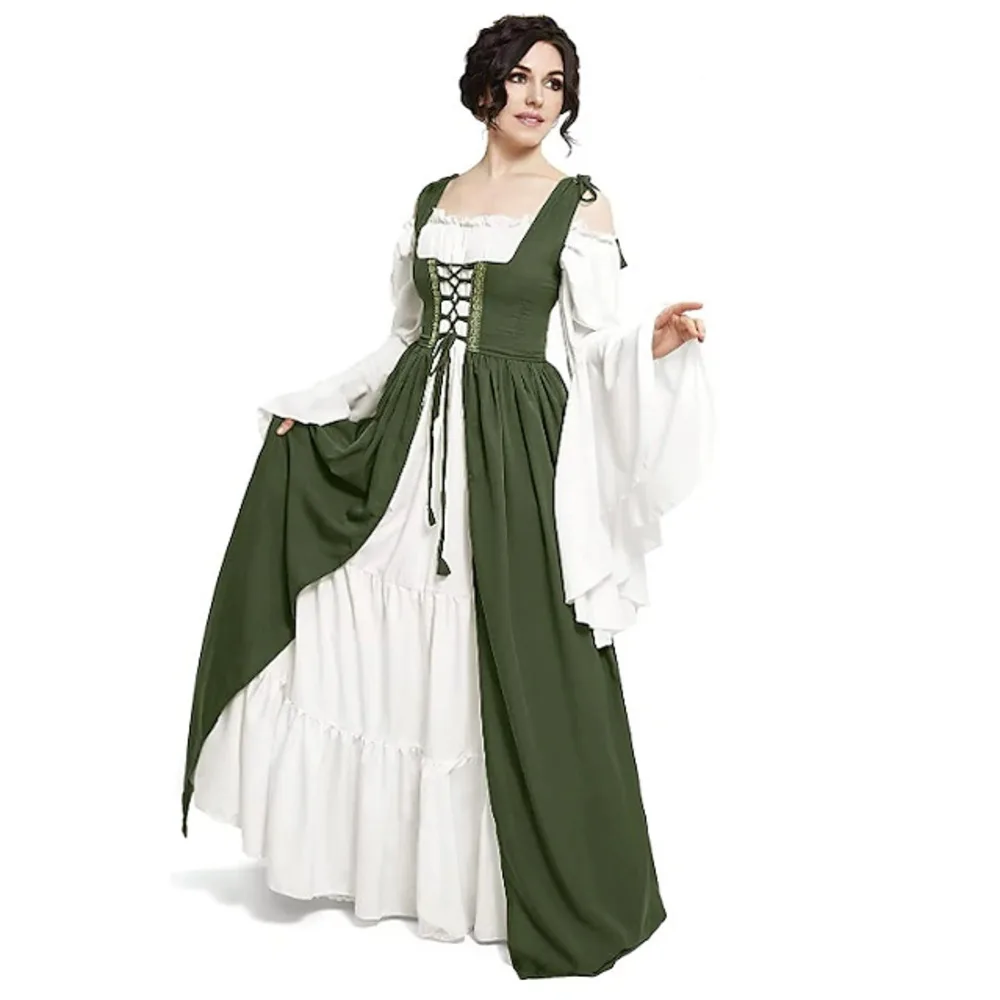 Medieval Court Style Long Sleeve Corset Dress with Off-Shoulder Batwing Sleeves and Flared Long Skirt - Image 2