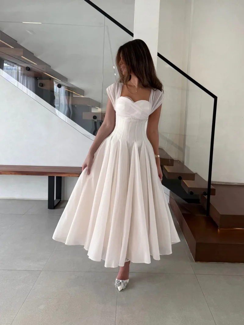 Summer Sexy Square Neck Corset Waist A-Line Tea-Length Dress for Wedding - Eye-Catching Gown for Women - Image 18
