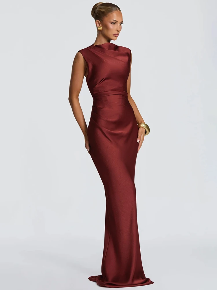 Satin Cowl Neck Mermaid Maxi Dress Women Elegant Sleeveless Draped Ruched Bodycon Long Evening Party Gown Vestidos - Image 4