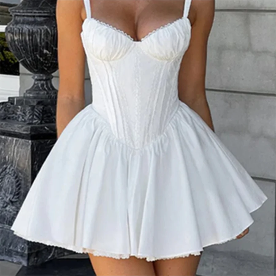 Bustier Corset Mini Dress Lace Trim Big Bow Tie Up Aline Ruffle Sundress White Graduation Party Dress Streetwear - Image 10