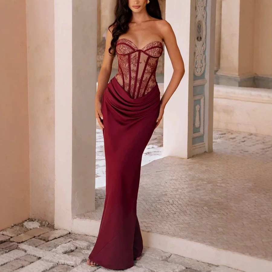 Burgundy Strapless Lace Corset Mermaid Gown Ruched Satin Waist Evening Party Dress Women Formal Cocktail Maxi - Image 3