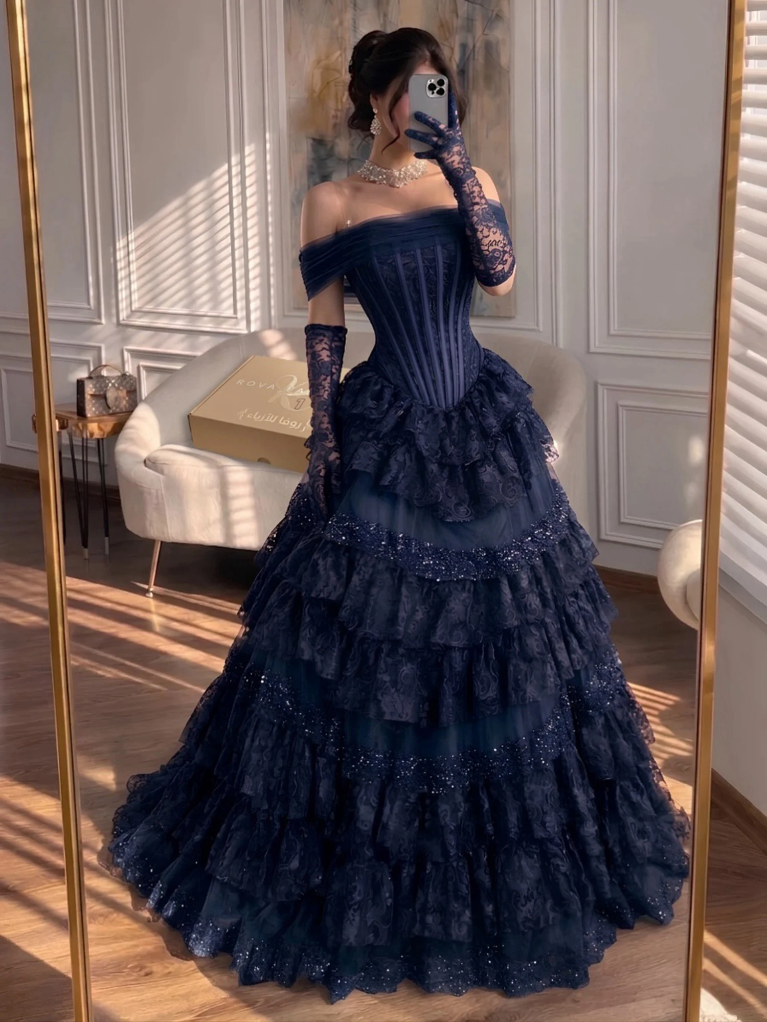 Navy Blue Off Shoulder Tulle Corset Ball Gown Floral Lace Multi Layer Ruffled Skirt Glitter Sequin Trim Vintage Princess - Image 5