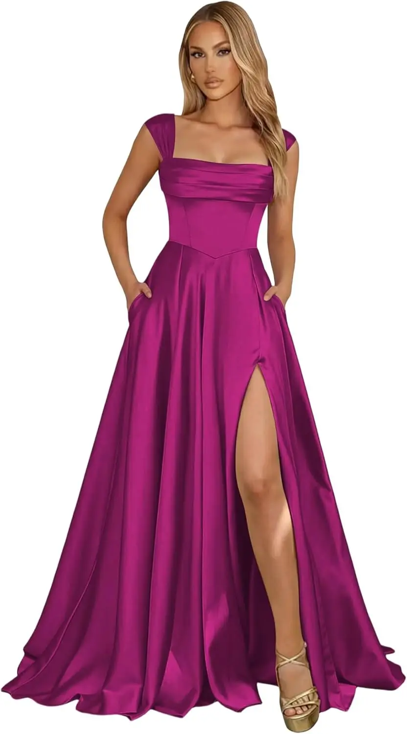 Corset Satin Square Neck Prom Dresses for Women Corset Ruched Formal Evening Party Gowns with Slit - Image 20