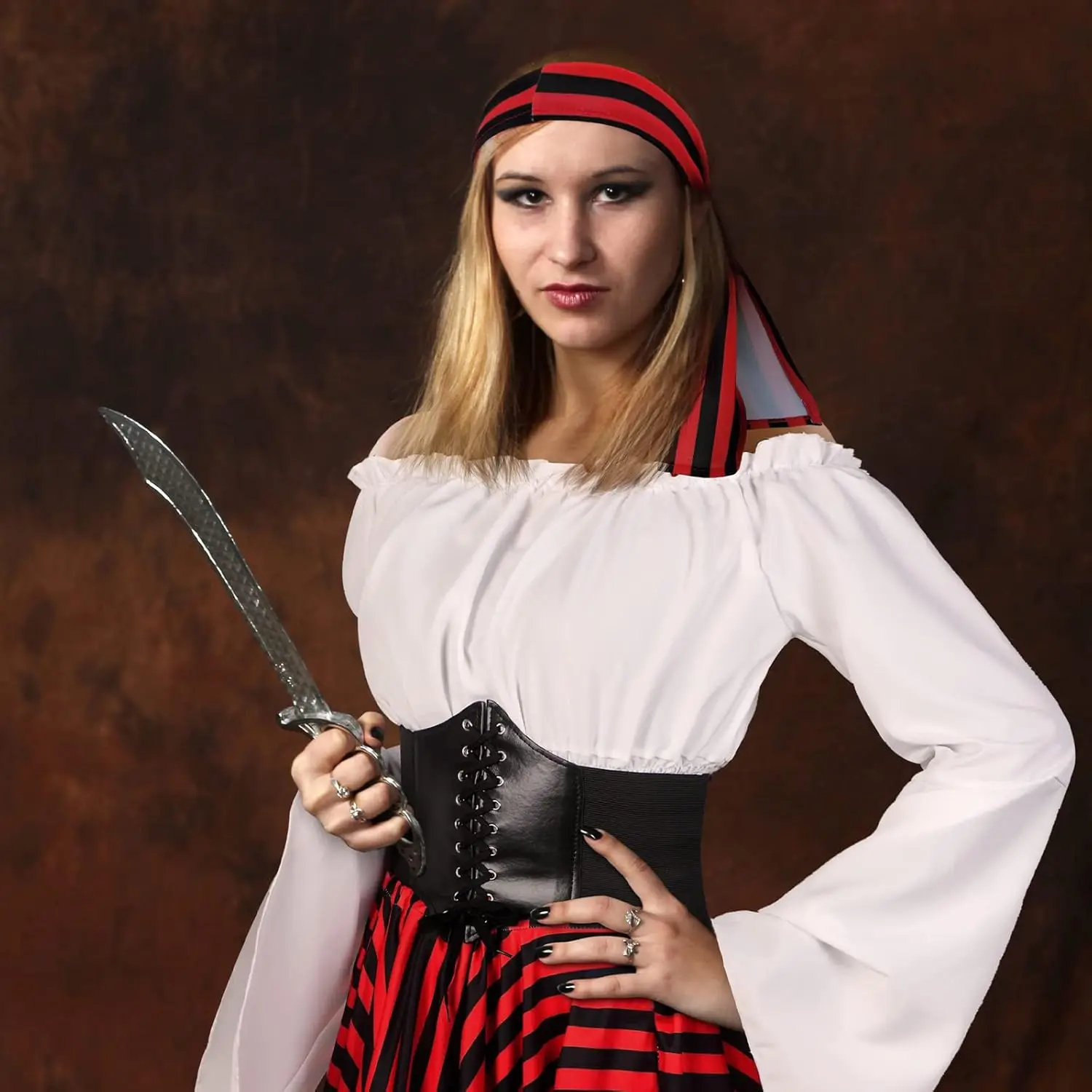 Halloween Womens Pirate Costume Renaissance Pirate Blouse Tops Corset Waist Belt Pirate Skirt for Halloween Party 4 Pcs - Image 6
