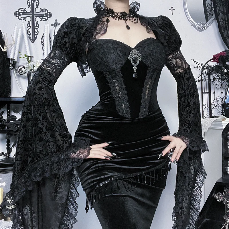AltGoth Aesthetic Gothic Party Dress Women Vintage Palace Style Fairycore Grunge Elegant High Waist Lace Patchwork Velevt Dress - Image 11