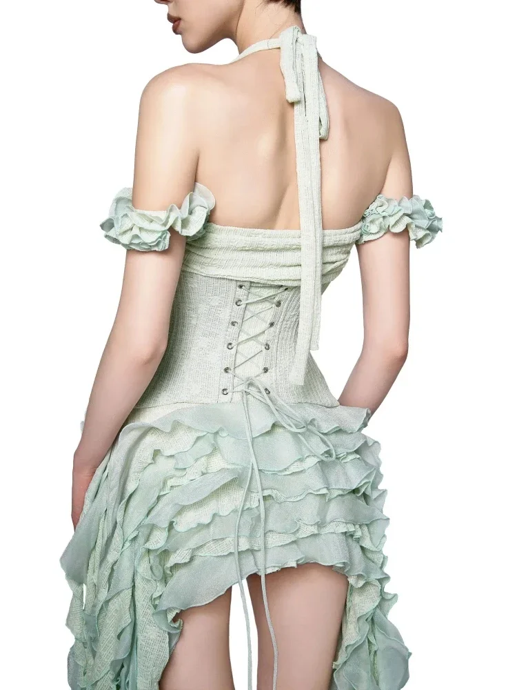 Ruffles Draped Dress Three Piece Sets Sexy Halter Neck Folds Ruffled Dress+Lace-up Corset Top+Shorts Suits Party Cocktail - Image 6