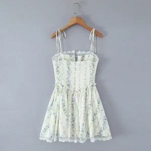 Sexy Floral Print Spliced Lace Collar Corset Style Lacing Up Sling Dress Women Wood Ears Low Waist Swing Mini Dresses Robe