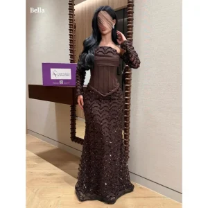 Brown Strapless Prom Dress Detachable Lace Long Sleeve Sequin Mermaid Corset robes de soirée Elegant