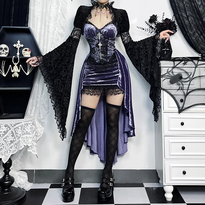 Gothic Velvet A-line Dress Female Elegant Evening Lolita Partywear Grunge Sling Lace Hem Alt Cloth - Image 4
