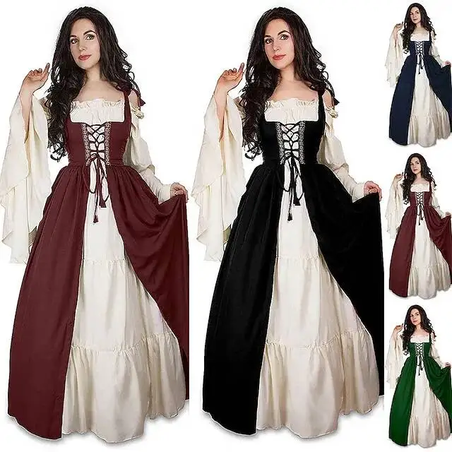 Medieval Court Style Long Sleeve Corset Dress with Off-Shoulder Batwing Sleeves and Flared Long Skirt - Image 16