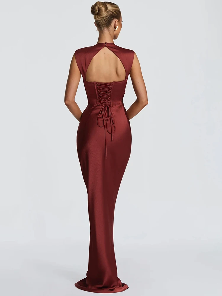 Satin Cowl Neck Mermaid Maxi Dress Women Elegant Sleeveless Draped Ruched Bodycon Long Evening Party Gown Vestidos - Image 5