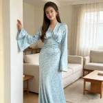 Floral Print Corset Party Evening Long Dress V Neck Ruched Waist Glossy Satin Swing Mermaid Guest Cocktail Maxi Dress