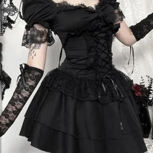 Gothic Dress Women Y2k E-girl Aesthetic Fairycore Grunge Lace Patchwork Puff Sleeve Bandage Corset Dress Female