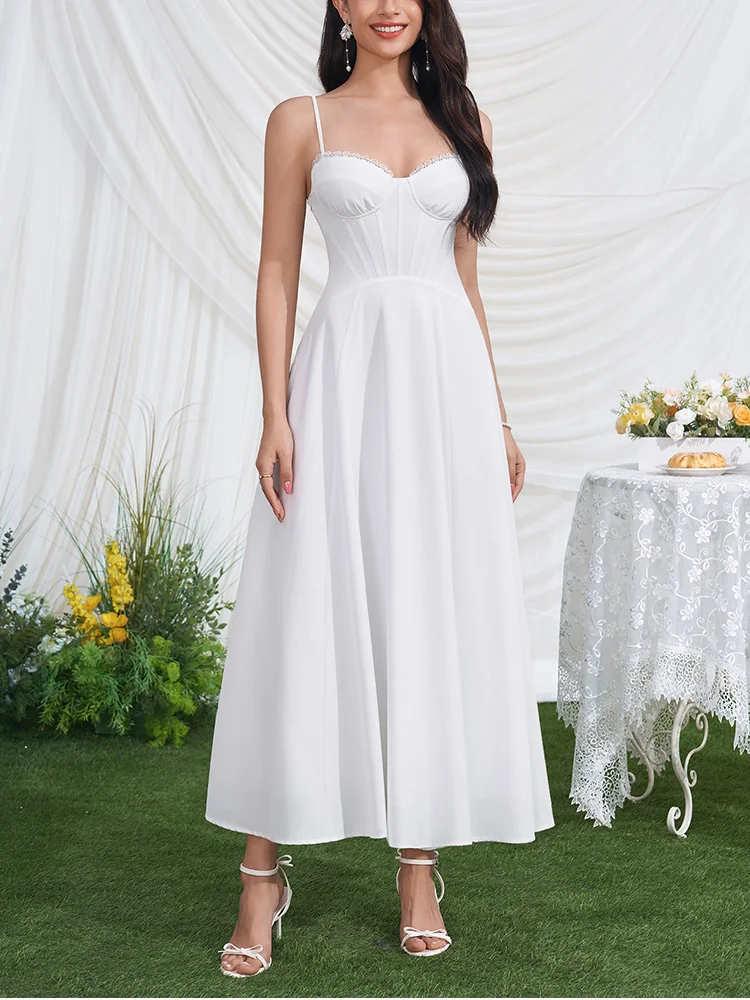 White Corset Wedding Midi Dress Elegant Summer Spaghetti Strap A-Line Bridal - Image 6