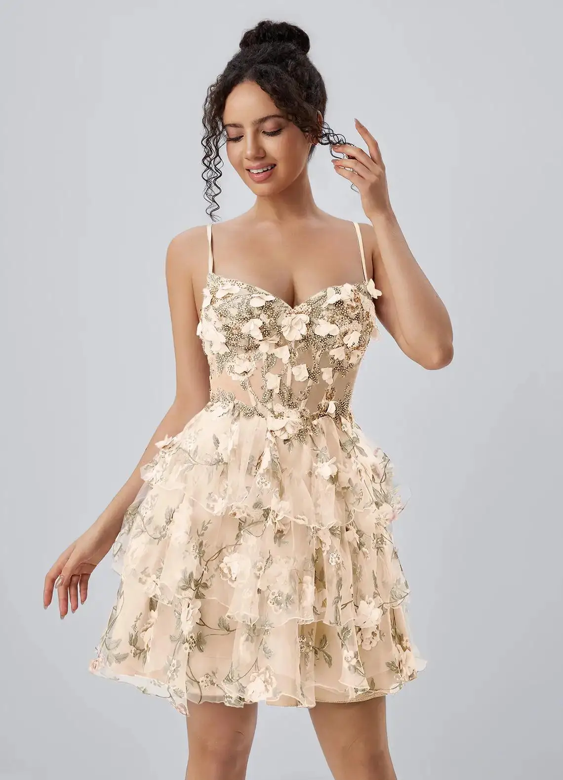 Spaghetti Strap Floral Corset Homecoming Dress Ruffled Tulle Cocktail Party Dress Prom Dress - Image 7