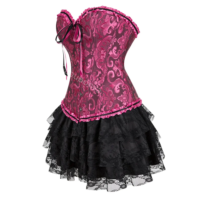 Corset Dress Tutu Skrits Set Overbust With Lace Costume Party Sexy Burlesque Ladies Outfit Plus Size Gothic Halloween Red Black - Image 2