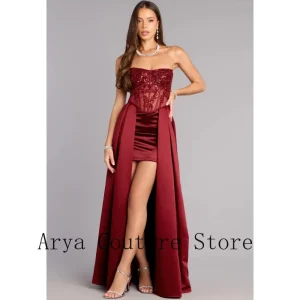 Burgundy Strapless Sequin Corset Gown – Mini Skirt Overlay Maxi Train Formal Dress for Prom, Gala & Wedding Events