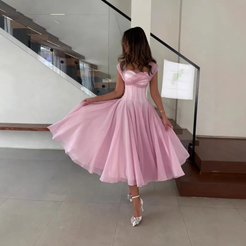 Summer Sexy Square Neck Corset Waist A-Line Tea-Length Dress for Wedding - Eye-Catching Gown for Women - Image 8