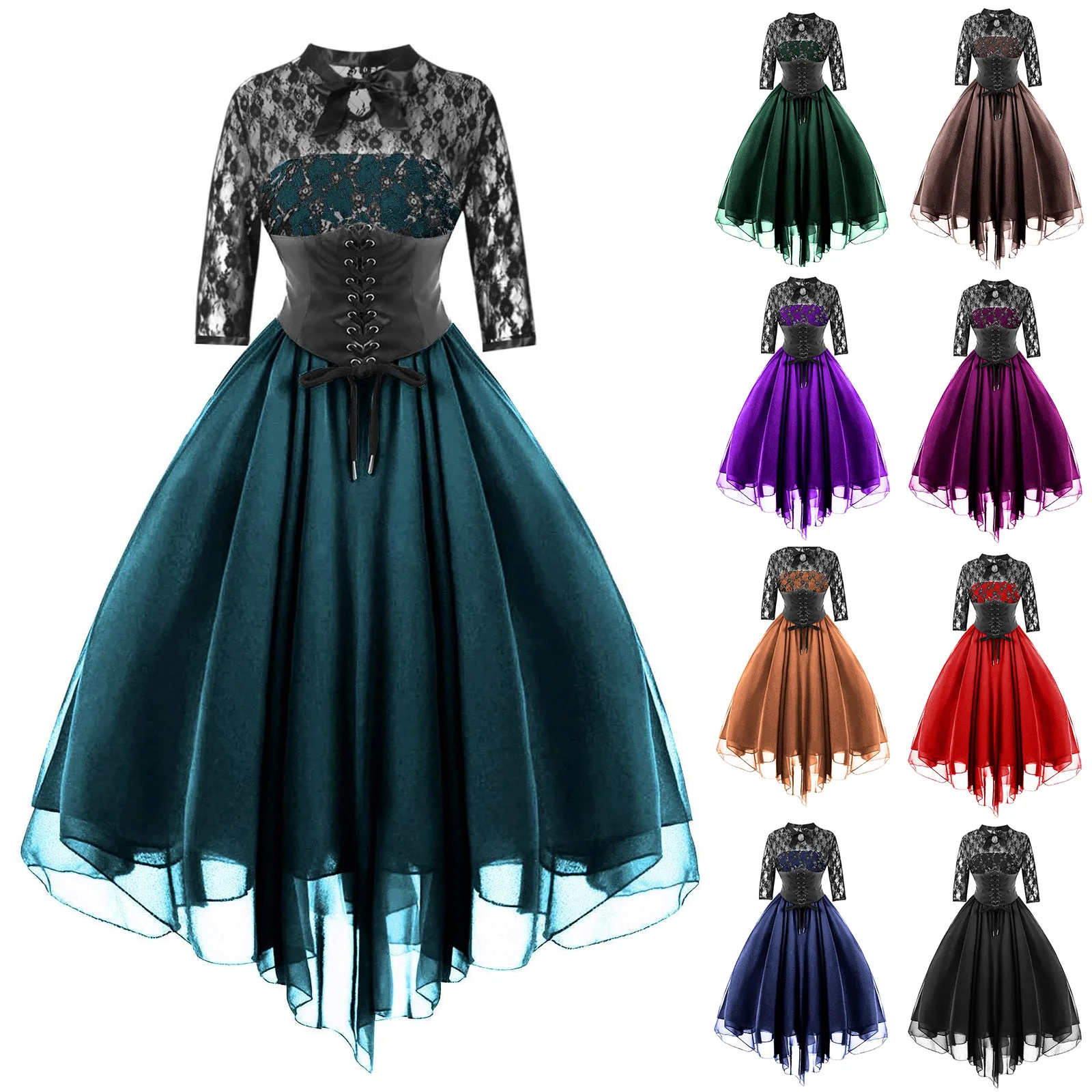 Women's Gothic Dress Sexy Lace Patchwork Half Sleeve Mesh High Waist Party Dresses Retro Lace Up Swing Cocktail Dress Ball Gown - Image 11