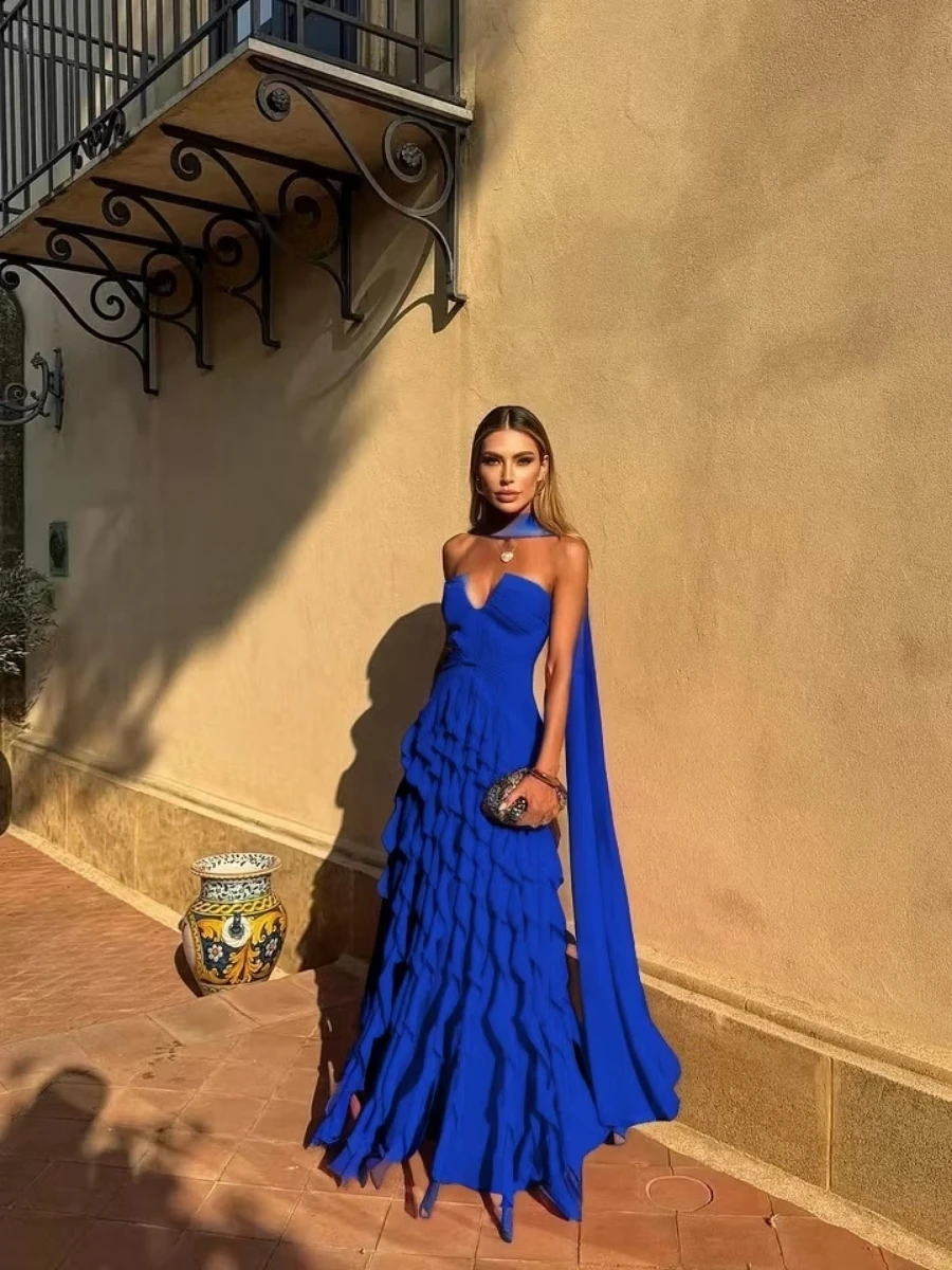 Long Train Evening Gown Sweetheart Multi Layer Ruffle Chiffon Maxi Dress Sexy Backless Flowing Ribbon Prom Dress - Image 4