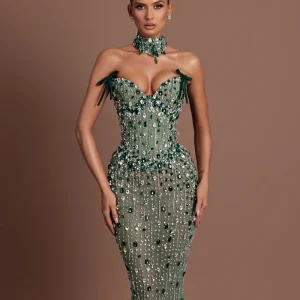 Formal Bodycon V Neck Evening Dress Dazzling Crystals Beaded Customized Cocktail Gown With Slit Opulent Corset Bow Party Wear