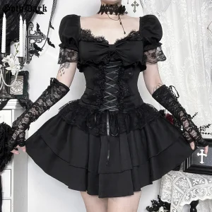 Goth Dark Gothic Lace Trim Puff Sleeve A-line Mini Dress