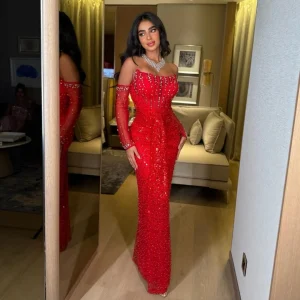 Red Sequined Evening Dresses Exquisite Rhinestones Bustier Corset Celebrity Dress Luxury Shiny Party Prom