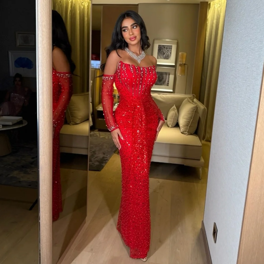 Red Sequined Evening Dresses Exquisite Rhinestones Bustier Corset Celebrity Dress Luxury Shiny Party Prom