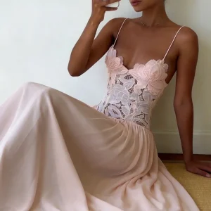 Casual Lace Patchwork Beach Dress Lady Sexy Low Cut V-neck Party Dress Spring Summer Sleeveless Suspender Chiffon Long Dress