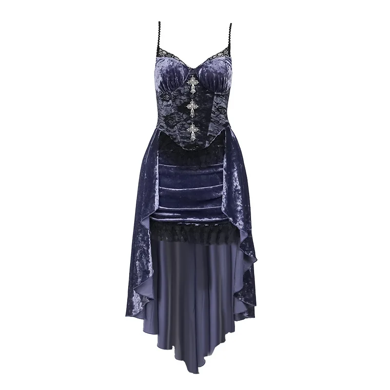 Gothic Velvet A-line Dress Female Elegant Evening Lolita Partywear Grunge Sling Lace Hem Alt Cloth - Image 7