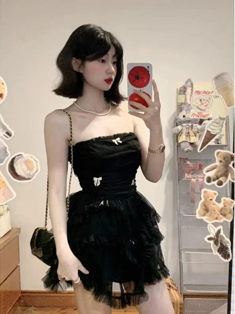 Black Dress Women Casual Corset Mini Office Lady Sleeveless Bodycon Lace One Piece Korean - Image 3