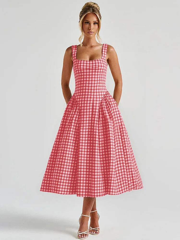 Plaid Printed Spaghetti Strap Sexy A-line Dress - Image 14