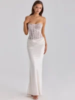 White Lace Corset Satin Sexy Maxi Dress Women Elegant Strapless Sleeveless Backless Bodycon