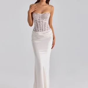 White Lace Corset Satin Sexy Maxi Dress Women Elegant Strapless Sleeveless Backless Bodycon