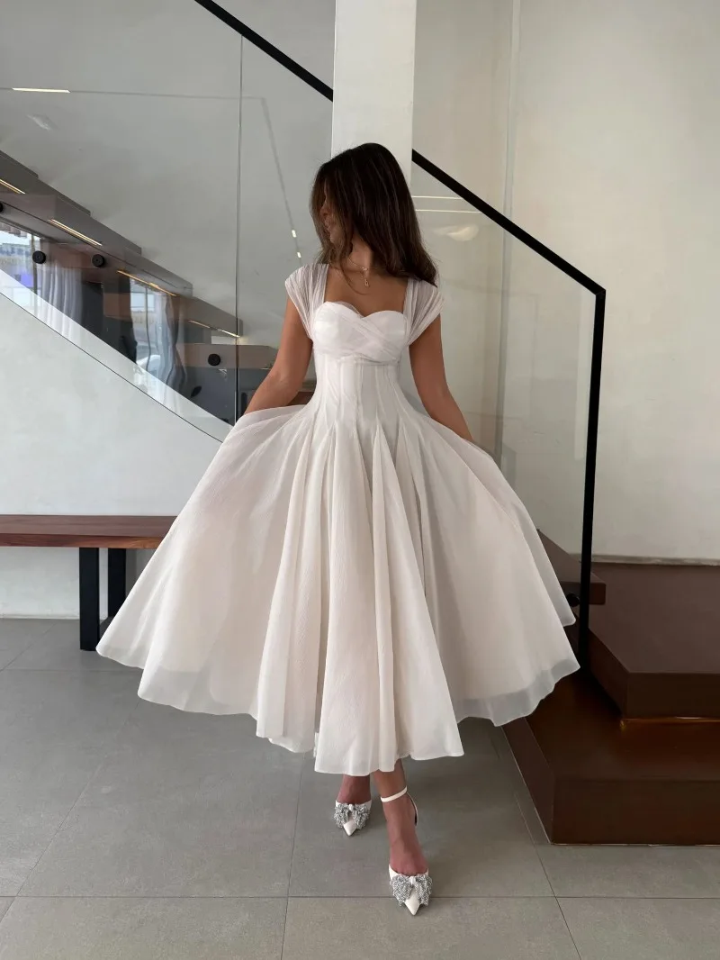 Summer Sexy Square Neck Corset Waist A-Line Tea-Length Dress for Wedding - Eye-Catching Gown for Women - Image 19