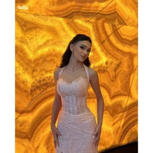 Pink Halter Neck Lace Prom Dress Corset Bodice Ruched Mermaid Side Slit Party Dresses Elegant Evening