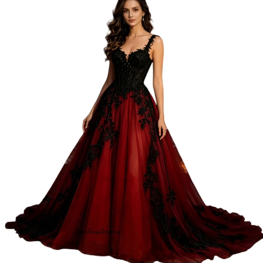 Red Tulle Black Lace Ball Gown Wedding Dress Sweetheart Corset - Image 2
