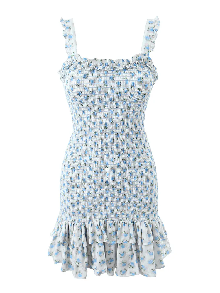 Sexy White Blue Flower Print Corset Ruched Elastic Body Sling Mini Dress Woman Wood ears Square Collar Ruffles Hem Robe Holiday - Image 2
