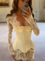Sexy Corset Lace Dress Suit Strapless Fishbone Tops Slim Waist Long Sleeve Mini Dresses