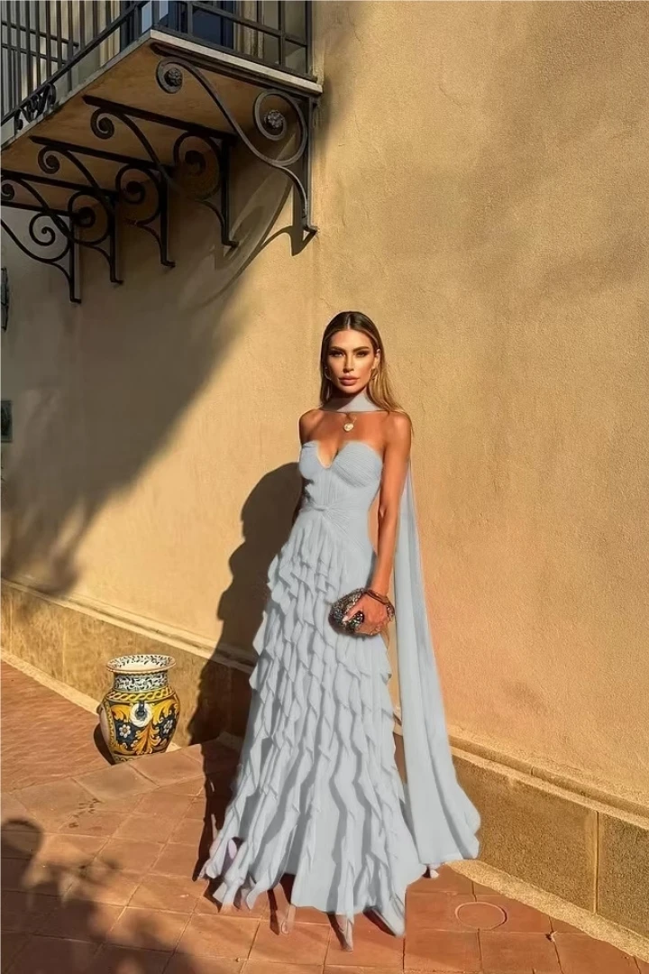 Long Train Evening Gown Sweetheart Multi Layer Ruffle Chiffon Maxi Dress Sexy Backless Flowing Ribbon Prom Dress - Image 7