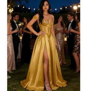 Gold Satin Prom Dresses A-line Off Shoulder Sequin High Side Slit Formal Evening