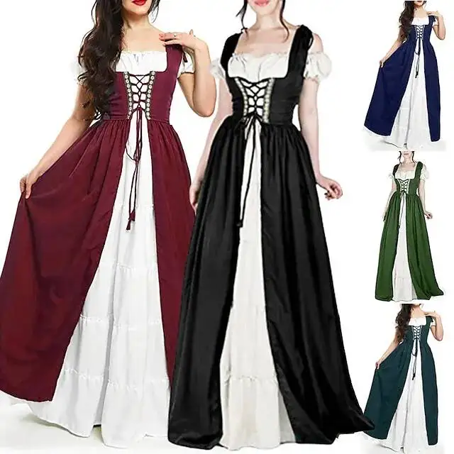 Medieval Court Style Long Sleeve Corset Dress with Off-Shoulder Batwing Sleeves and Flared Long Skirt - Image 27