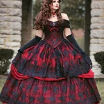 Gothic Medieval Red And Black Lace Ball Gown Wedding Dress